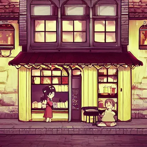 Prompt: beautiful cute cozy little cafe on a cobblestone street in a tiny town, anime style of hayao miyazaki, digital art trending on artstation