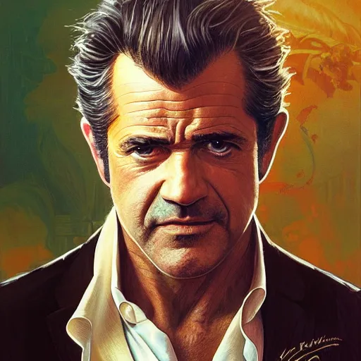 Prompt: portrait of Mel Gibson as Tony Montana, elegant, intricate, headshot, highly detailed, digital painting, artstation, concept art, sharp focus, illustration, art by artgerm and greg rutkowski and alphonse mucha