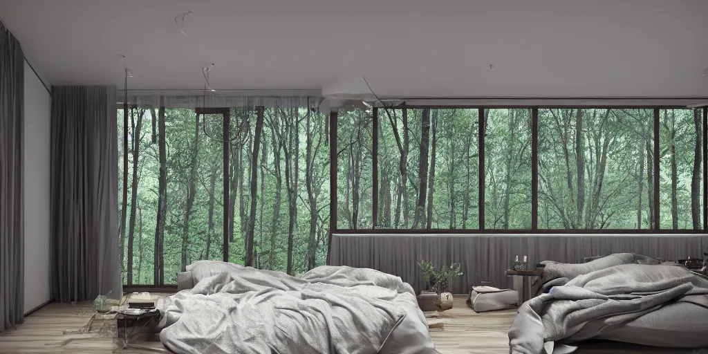 Image similar to a view inside modern bedroom in the middle of a raining forest with river, unreal 5, hyperrealistic, realistic, photorealistic, dynamic lighting, highly detailed, cinematic landscape, studio landscape, studio lighting