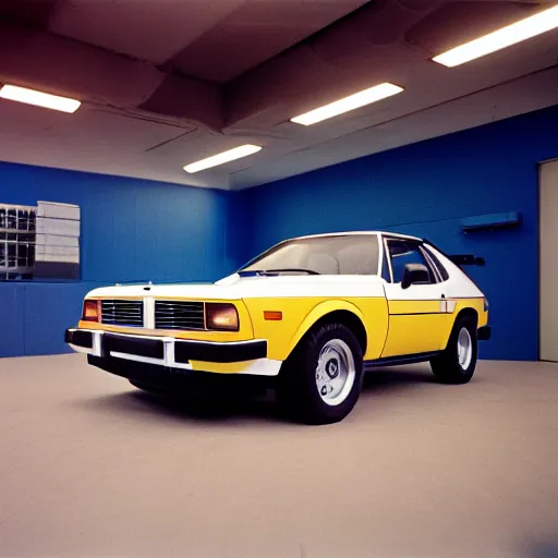 Prompt: 1979 Bronco BMW M1, inside of an auto dealership, ektachrome photograph, volumetric lighting, f8 aperture, cinematic Eastman 5384 film