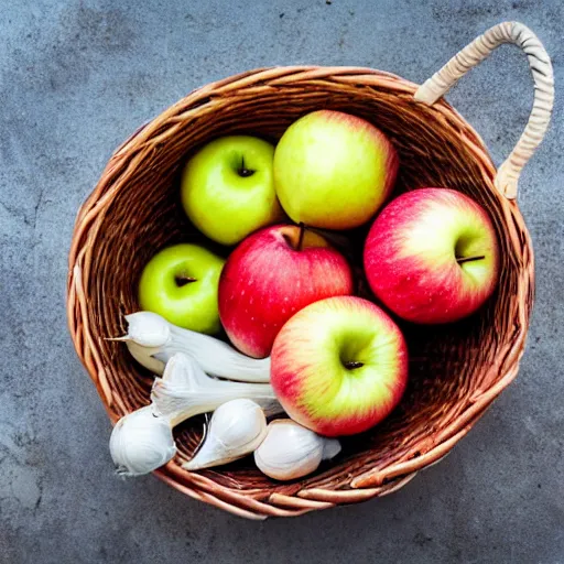 Prompt: photograph of a basket full of apples, toothbrush and garlic