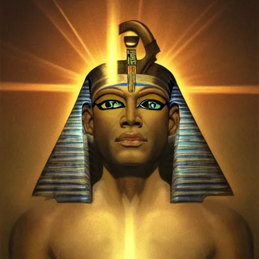 Image similar to Portrait of Egyptian God Osiris with infinite rays of consciousness emitting from his third eye concept art by George Stubbs, highly detailed, ultra detailed, ultra realistic, trending on artstation