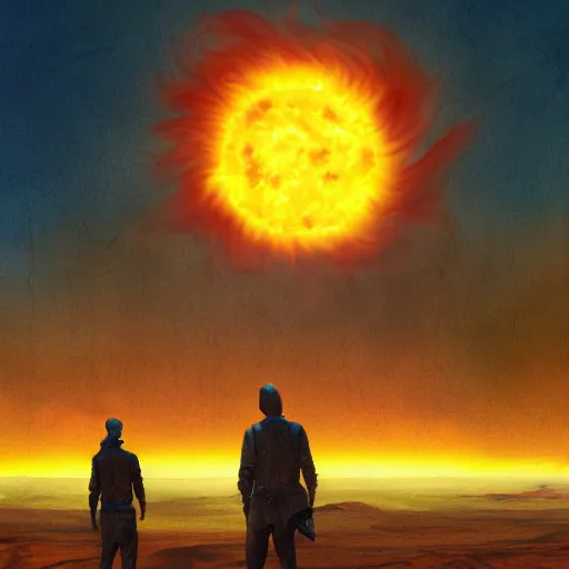 Image similar to giant fiery sun takes up most of the sky, two men look out over the horizon of a desert with plants on fire, highly detailed intricate matte painting