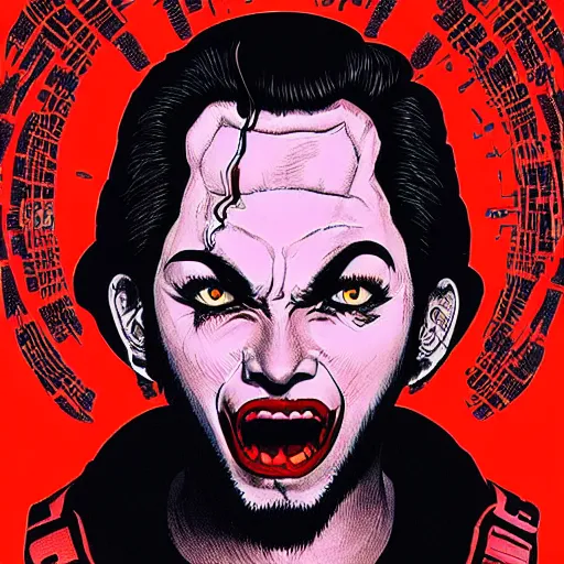 Image similar to portrait of crazy singing post malone with red eyes like hal 9 0 0 0, as vampire, symmetrical, by yoichi hatakenaka, masamune shirow, josan gonzales and dan mumford, ayami kojima, takato yamamoto, barclay shaw, karol bak, yukito kishiro