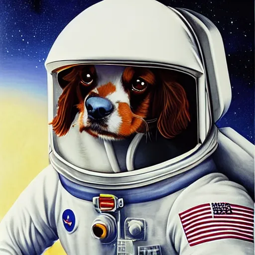 Prompt: cavalier king charles spaniel, wearing an astronaut helmet, on the moon, art by artgerm and david a hardy
