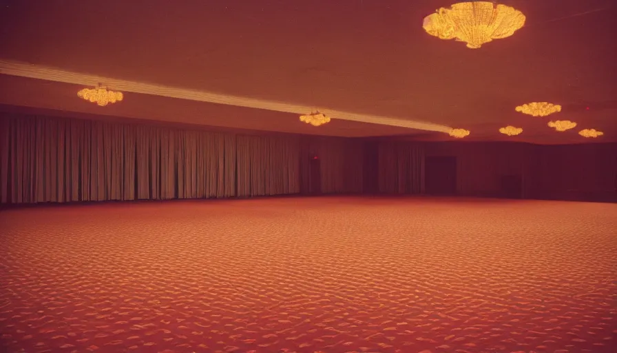 Image similar to 70s movie still of a ballroom , cinestill 800t Technicolor, heavy grain, high quality, criterion collection, liminal space style