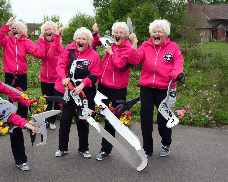 Image similar to a gang of old ladies waving chainsaws and flowers, and wearing Umbro track suits laughing maniacally and screaming