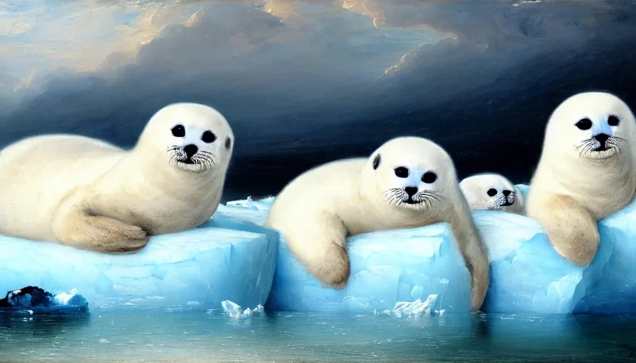 Prompt: highly detailed painting of cute furry white baby seals cuddling into each other on a blue and white iceberg by william turner, by greg rutkowski, by william constable, thick brush strokes and visible paint layers, 4 k resolution