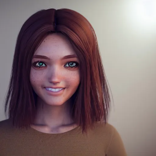 Image similar to Render of April, a cute 3D young woman, bronze brown hair, full round face, green eyes, light tan skin cute freckles, light blush, smiling softly, wearing casual clothing, interior lighting, cozy living room background, medium shot, mid-shot, hyperdetailed, trending on Artstation, Unreal Engine 4k