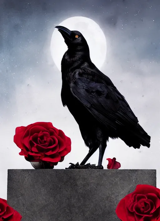 Image similar to portrait, A crow with red eyes in front of the full big moon, book cover, red roses, red white black colors, establishing shot, extremly high detail, foto realistic, cinematic lighting, by Yoshitaka Amano, Ruan Jia, Kentaro Miura, Artgerm, post processed, concept art, artstation, raphael lacoste, alex ross