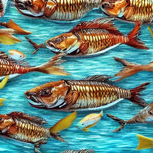 Prompt: a large group of fish eating at a buffet, photorealistic, very detailed