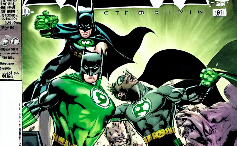 Image similar to a Batman comic cover from 1999 with Green Lantern on the background