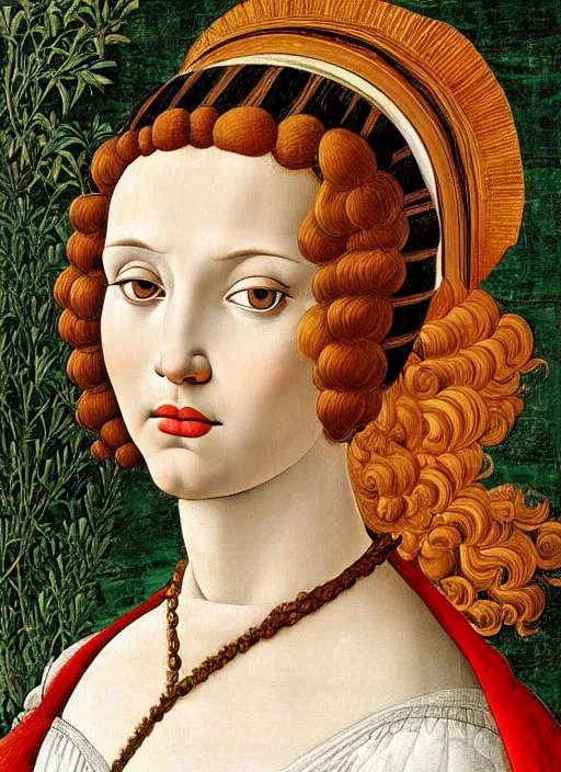 Image similar to portrait of young woman in renaissance dress and renaissance headdress, art by sandro botticelli