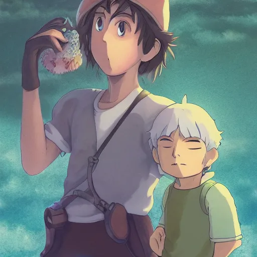 Image similar to friendly guy and small creature , with Fragile looking character portrait face in Ghibli artstyle highly detailed art, beautiful scene, sharp focus, smooth, 8k, anime art