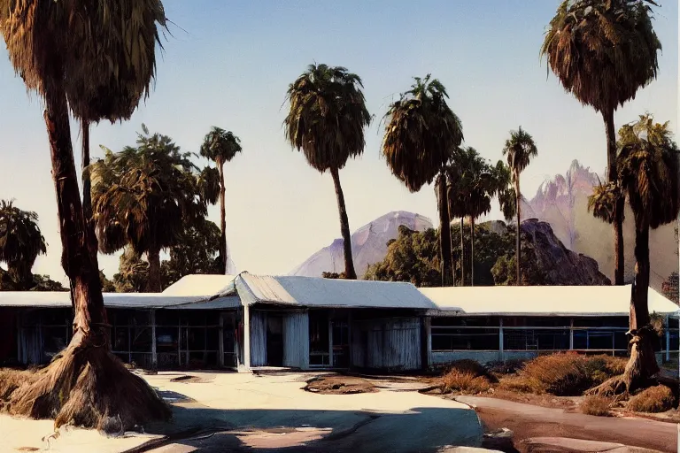 Image similar to natural american landscape | abandoned motel | palm trees | snowy mountains, painting by syd mead and weta studio and james jean, frank frazetta, highly detailed, rule of third, soft lighting, 8 k resolution, oil on canvas, architectural magazine, beautiful detailed, insanely intricate details, artstation trending, hypermaximalistic, high details, cinematic