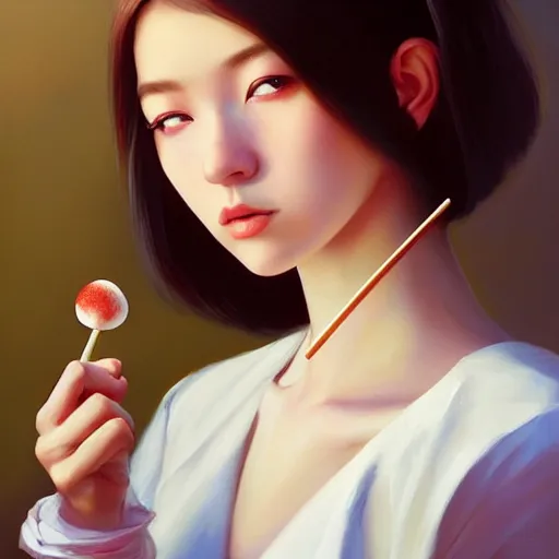 Image similar to oil painting by ilya kuvshinov,, baugh casey, rhads, coby whitmore, of a youthful japanese beauty, long hair, holding lolipop, outdoors, highly detailed, breathtaking face, studio photography, dawn, intense subsurface scattering, blush, supple look, innocence, intense sunlight