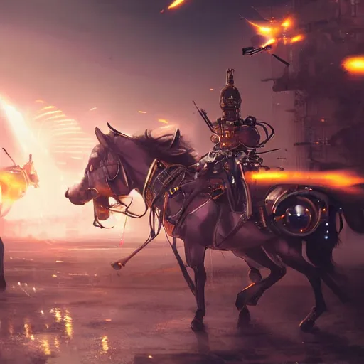 Prompt: The charge of the light brigade with robotic horses, steampunk, dramatic lighting, heavy weapons fire, by Makoto Shinkai and Ruan Jia