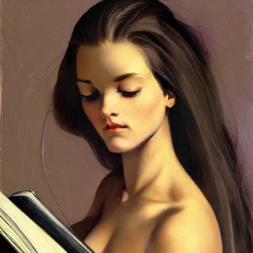 Image similar to a girl reading book, hair flowing down, symmetric!, anatomically correct, in the style of Frank Frazetta, Jeff Easley, Caravaggio, extremely clear and coherent, clear lines, 8K revolution