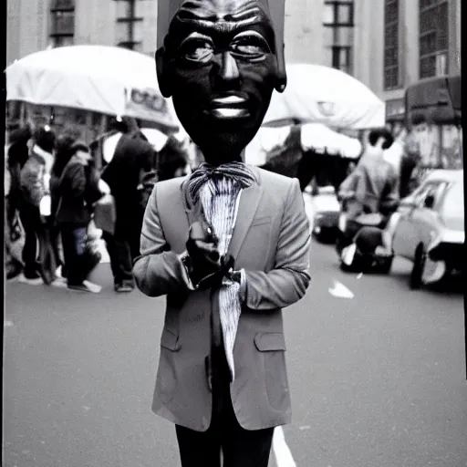 Image similar to jarvis conehead 1980s street performer film