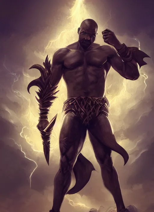 Image similar to a highly detailed illustration of Jamie Foxx as a bearded short fade hair african warrior god of lightning, evil summoning lightning from hands pose, moonlit clouds background, muscular, intricate, elegant, highly detailed, centered, digital painting, artstation, concept art, smooth, sharp focus, league of legends concept art, WLOP