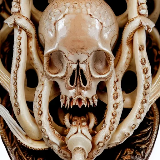 Image similar to an intricately detailed carving in an human - octopus skull, rococo ornate bone and ivory sculpted skull with teeth and tentacles, horror, artifact, micro detailed, inscribed with occult symbols, otherworldly