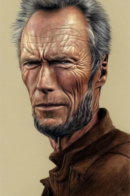 Prompt: a realistic color drawing of clint eastwood, portrait, rembrandt