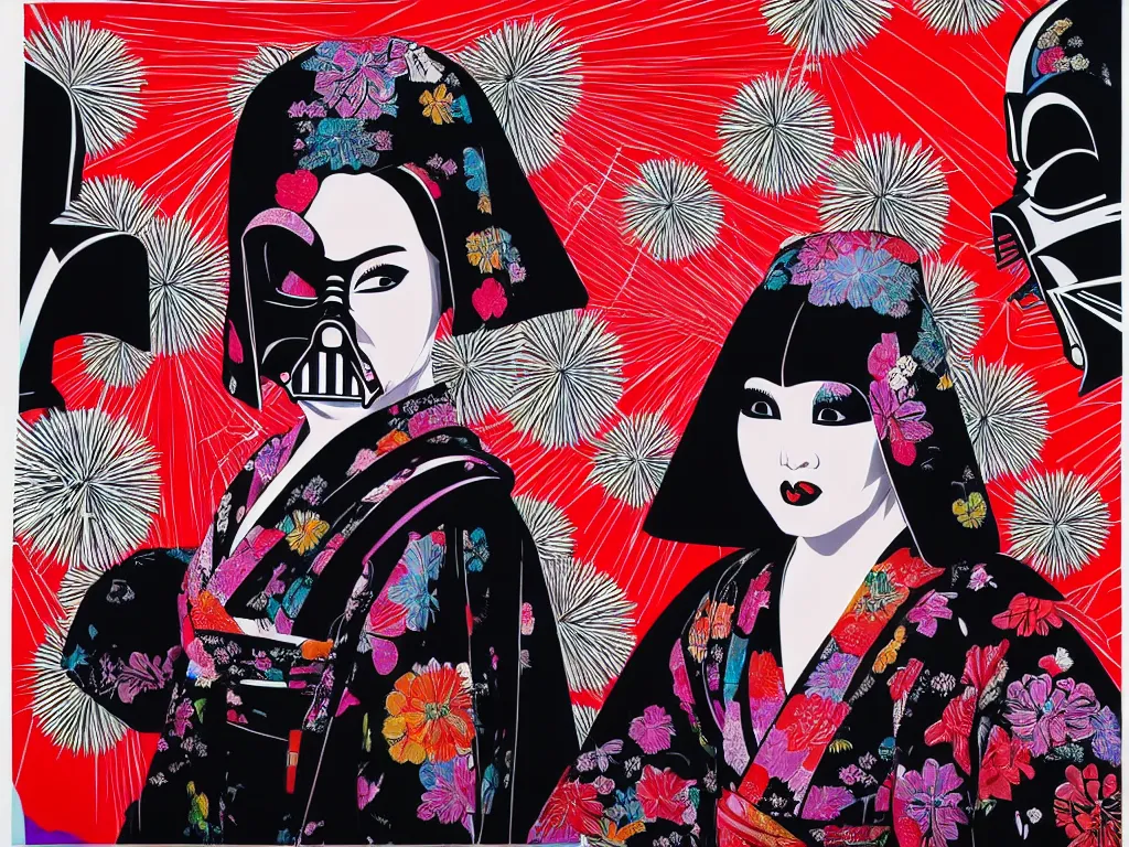 Image similar to hyperrealistic composition of the detailed woman in a japanese kimono sitting at a extremely detailed black jack table with hyperdetailed darth vader, fireworks, mountain fuji on the background, pop - art style, jacky tsai style, andy warhol style, acrylic on canvas