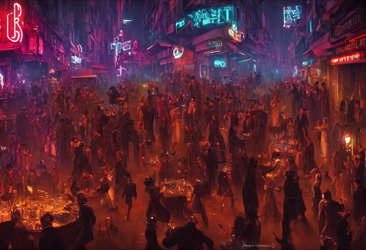 Image similar to a party in monmatre while a scifi and cyberpunk paris is melting down, belle epoque, art noveau, 4 k, high quality, sharp focus, ultra high definition, ultra detailed