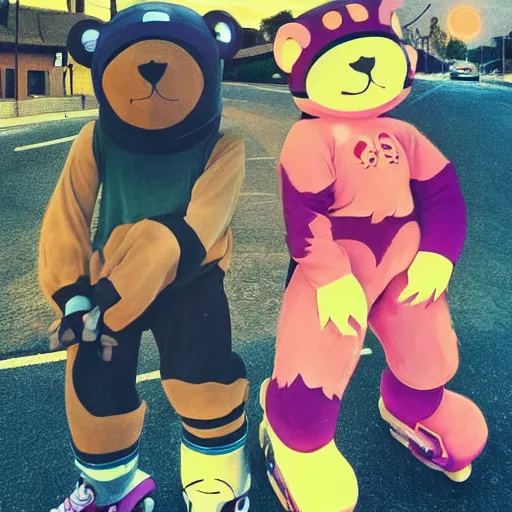 Image similar to happybears!, humanoid bears, bear costumes, happy faces, evil happy faces, rollerblading, rollerskates, four humanoid bears, 2 0 0 1 anime, flcl, golden hour, japanese town, cel - shaded, strong shadows, vivid hues, y 2 k aesthetic