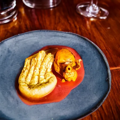 Prompt: a cooked human head wih garnish served at a fancy restaraunt on a fancy plate, gorgeous depth of field professional food photography