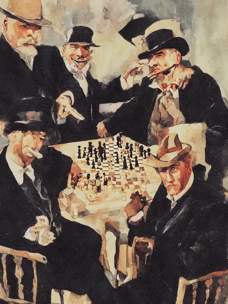 Prompt: painting of hercules poirot and sherlock holmes play chess