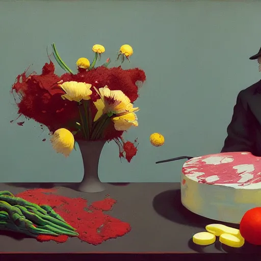 Image similar to an achingly beautiful still life featuring blooming flowers, tillamook cheese, and red wine , very coherent, painted by Edward Hopper, Wayne Barlowe, painted by James Gilleard, airbrush, art by JamesJean