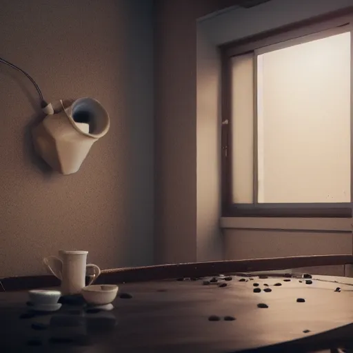 Prompt: : sloppy old cup of coffee with fluid flyingout the cup ,hyper detailed art station  parabolic lighting unrealengine ,cinematic, hyper realism, high detail, octane render, 8k