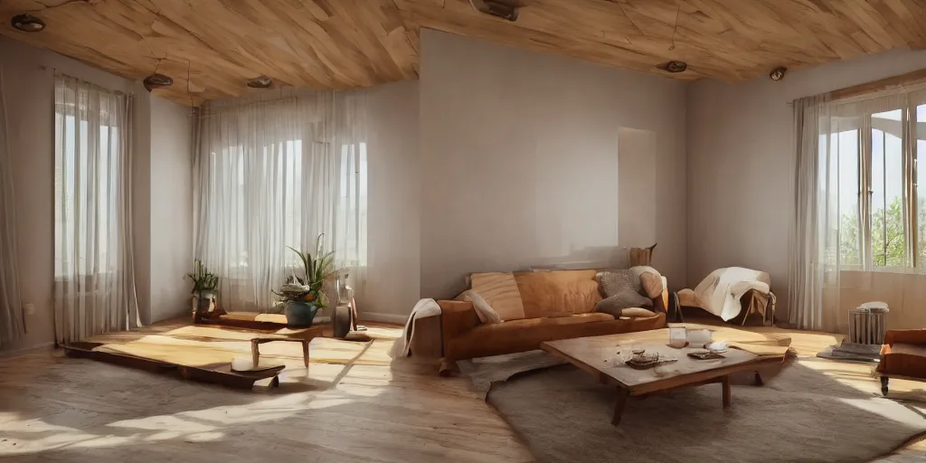 Image similar to a relaxing room with a wooden table and a big sofa and paintings on the wall, high quality, 8 k, architecture, symmetrical, harmonious, complementary colors, calm, high coherence, natural lighting, path traced, highly detailed, hyperrealistic, concept art, octane render, unreal engine 5, trending on artstation, beautiful, elegant