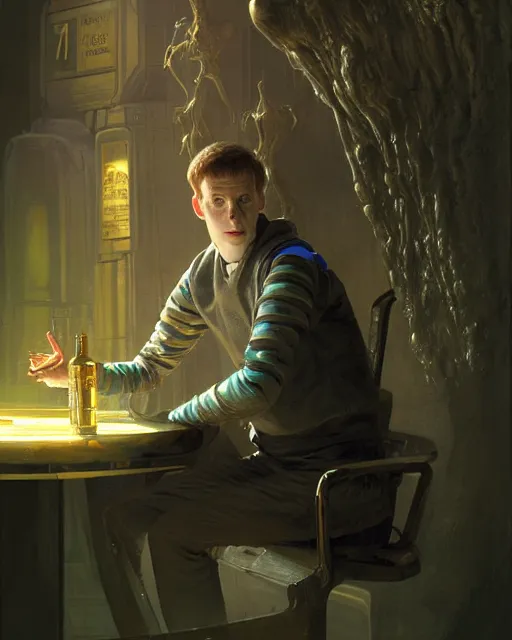 Image similar to medium - shot oil of vislor turlough played by mark strickson at age 1 8, sitting at the alien space pub, from doctor who series, artstation, highly detailed digital painting, smooth, global illumination, fantasy art by greg rutkowsky, karl spitzweg, leyendecker