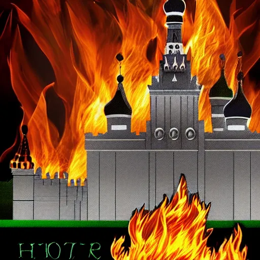 Image similar to high quality image of burning Kremlin, highly detailed