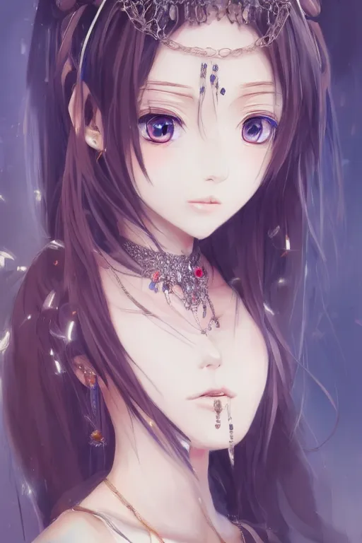 Prompt: beautiful very detailed portrait of anime girl with lots of jewelry in the face, full body, in the background there is a minimalistic palace, digital art , dramatic cinematic lighting rendered by octane, 8k, detailed, intricate, clean and textures, trending on artstation, treanding on deviantart, trending on cgsociety, pinterest, by Lauren Brevner + FRANS SMIT