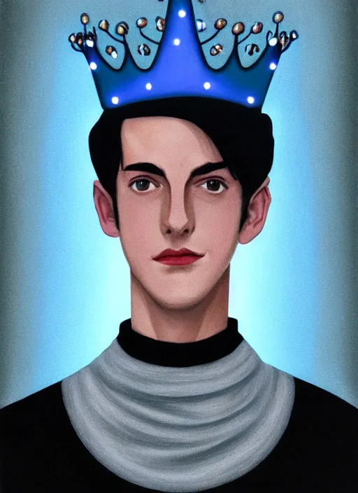 Image similar to portrait of teenage jughead jones wearing a light grey crown, crown, blue turtleneck, 1 9 5 0 s, closed eyes, photorealistic, black hair, glowing lighting, intricate, elegant, glowing lights, highly detailed, digital painting, artstation, concept art, smooth, sharp focus, illustration, art by wlop, mars ravelo and greg rutkowski