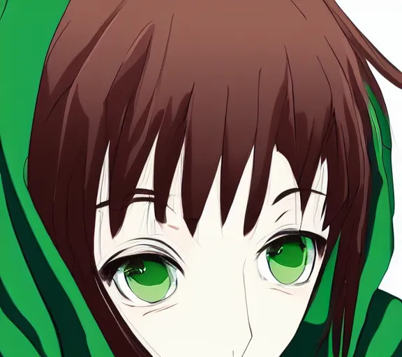 Prompt: close up character portrait of an anime character with brown hair and green eyes wearing a hoody, digital art