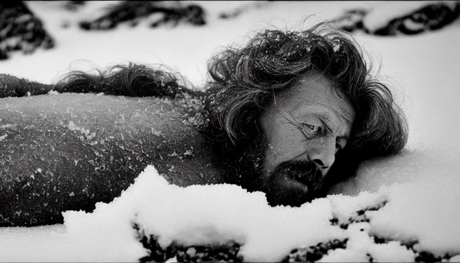 Image similar to 1 9 6 0 s movie still close up of marcus aurelius frozen to death under the snow on a river's shore with gravel, frozen hair, pine forests, cinestill 8 0 0 t 3 5 mm b & w, high quality, heavy grain, high detail, texture, dramatic light, anamorphic, hyperrealistic, detailed hair foggy