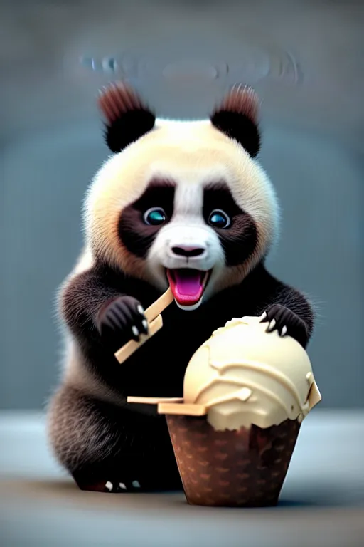 Image similar to high quality 3 d render hyperrealist very cute gothic grumpy panda & dragon hybrid eating ice cream, vray smooth, in the style of detective pikachu, very dramatic light, low angle, uhd 8 k, shallow depth or field