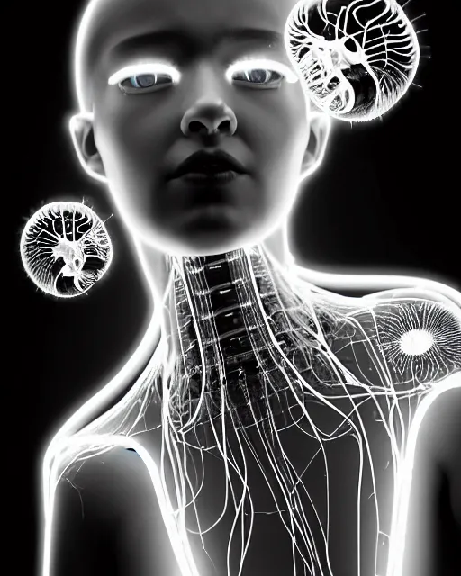 Prompt: black and white young cyborg-human-jellyfish-plant goddess high quality photo, microchip, artificial intelligence, bio-mechanical bio-luminescence, black wired cables, neurons, nerve cells, octane render, cinematic, rim light, hyper realism, photo-realistic, high detail, 8k, masterpiece, high fashion, in the style of Steven Meisel and Dora Maar and H.G. Giger