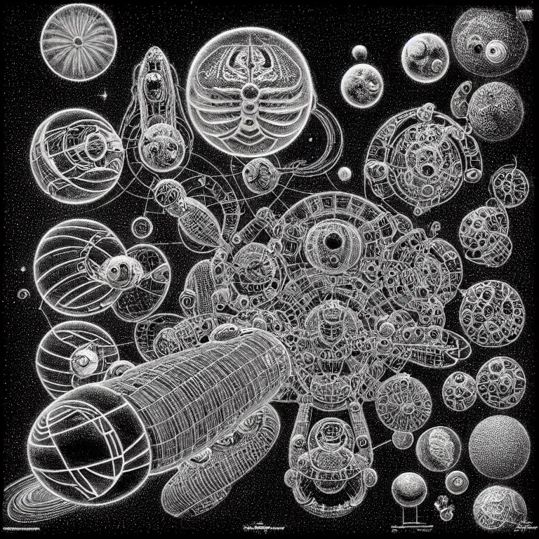 Image similar to ! dream a black and white drawing of a space station filled with equipment, a microscopic photo by ernst haeckel, zbrush central, kinetic pointillism, bioluminescence, intricate patterns, photoillustration