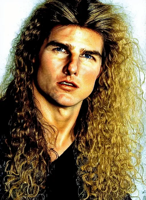 Prompt: Pre-Raphaelite portrait of blonde haired Tom Cruise as the leader of a cult 1980s heavy metal band, with very long blond hair, light blonde hair and grey eyes