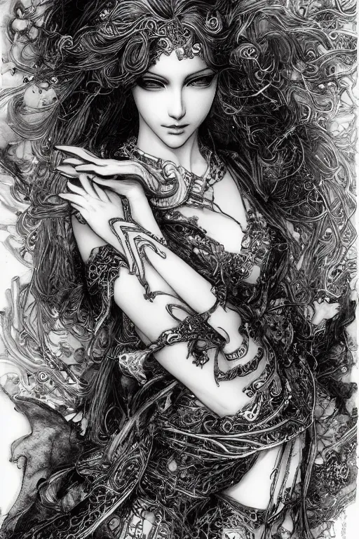 Prompt: portrait of glamour redhead fantasy female bard , pen and ink, intricate line drawings, by Yoshitaka Amano, Ruan Jia, Kentaro Miura, Artgerm