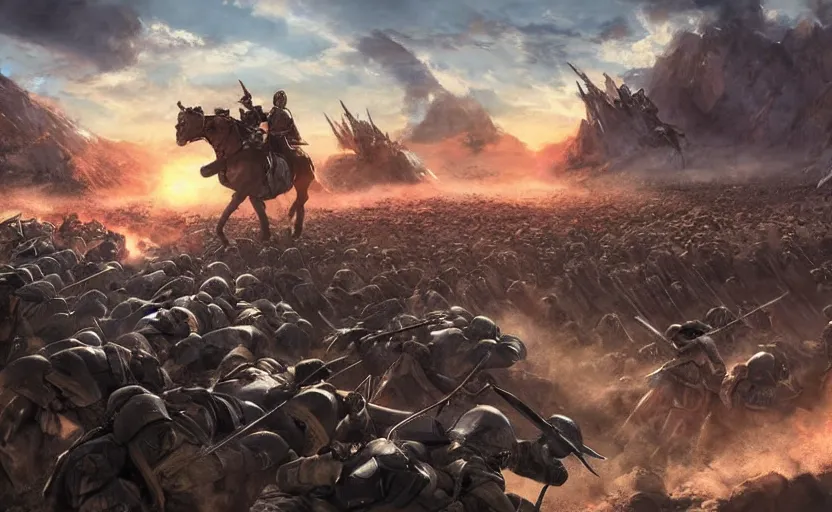 Prompt: epic cinematic artwork overview above an army charging to the enemy with the commander at the front with his sword raised, sun rays on him by greg rutowski