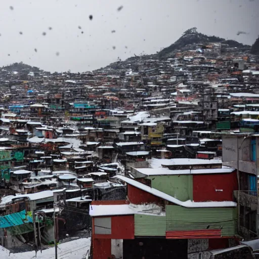 Prompt: photograph of a snow day in a favela