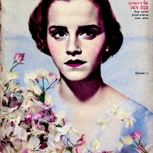 Image similar to “Emma Watson portrait, color vintage magazine illustration 1950”