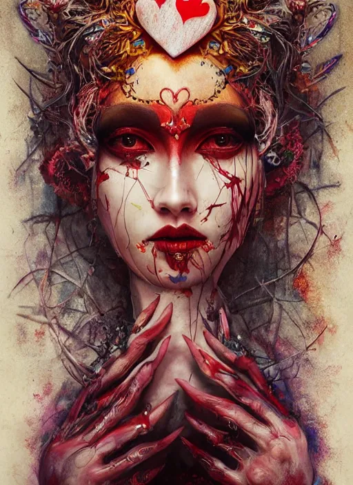 Prompt: queen of hearts, solarpunk style, highly detailed, cinematic, 8 k, by megan duncanson, benjamin lacombe, adrian borda, stanley artgermm, tom bagshaw, craig mullins, carne griffiths, ayami kojima, beksinski, giger, trending on deviantart, hyper detailed, horror, full of colour