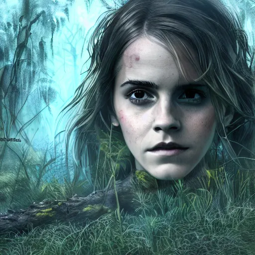 Prompt: emma watson as a swamp witch, digital art, trending on art station, swamp background, illustration, character illustration, 4 k, hyper detailed, by jason chan